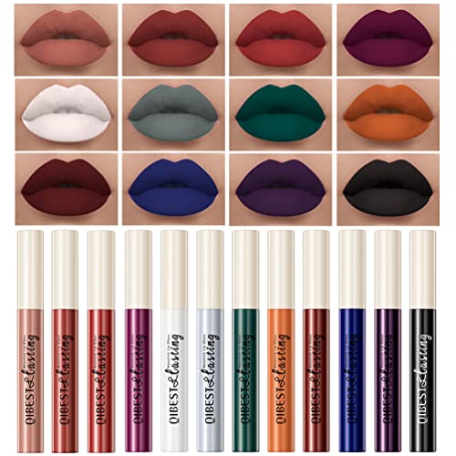 QiBest Goth Black & Bold Lipstick for Halloween Makeup, Matte Liquid Lipstick for Girls & Women, 24 Hours Long Lasting Waterproof Lip Gloss Gift Set, Non-Stick Cup Mate Duracion 24 Horas Lip Stains