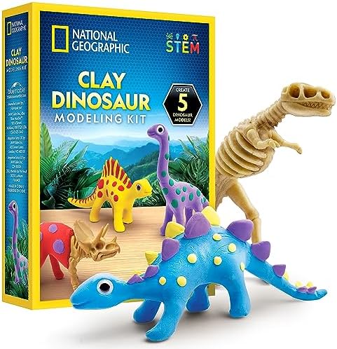 NATIONAL GEOGRAPHIC Clay Dinosaur Arts & Crafts Kit - Dinosaur Air Dry Clay for Kids with 5 Clay Colors, 5 Dino Skeletons & Googly Eyes, Dinosaur Activity for Girls and Boys Ages 4 5 6 7 8 9 & 10