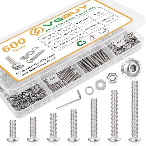 600pcs M3 Screw Assortment Kit, M3 Screws (8 Sizes 6-30mm) for 3D Printer DIY, Hex Button Head Cap Screws Bolts Nuts Washer Kit, 304 Stainless Steel, M3 x 6/8/10/12/16/20/25/30mm