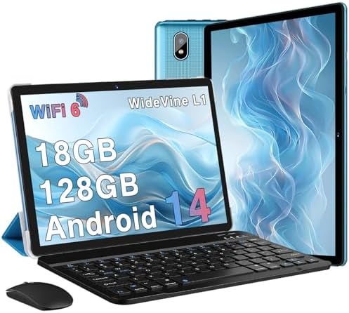 2025 Tablet Android 14 Tablets with 128GB ROM+18GB RAM, 1TB Expand 2 in 1 10.1 Inch Tablet with Keyboard, Powerful Octa-Core, WiFi 6, BT5.0, 6000mAh, Widevine L1, Blue