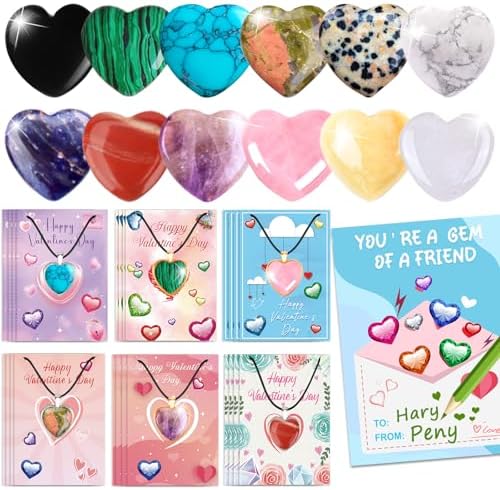 Ludmila Gems Valentines Day Gifts for Kids School-24 Pack Valentines Cards with Natural Heart Crystals Necklace-Valentine Gift Exchange for Boys Girls Toddlers Classroom Class Party Favor