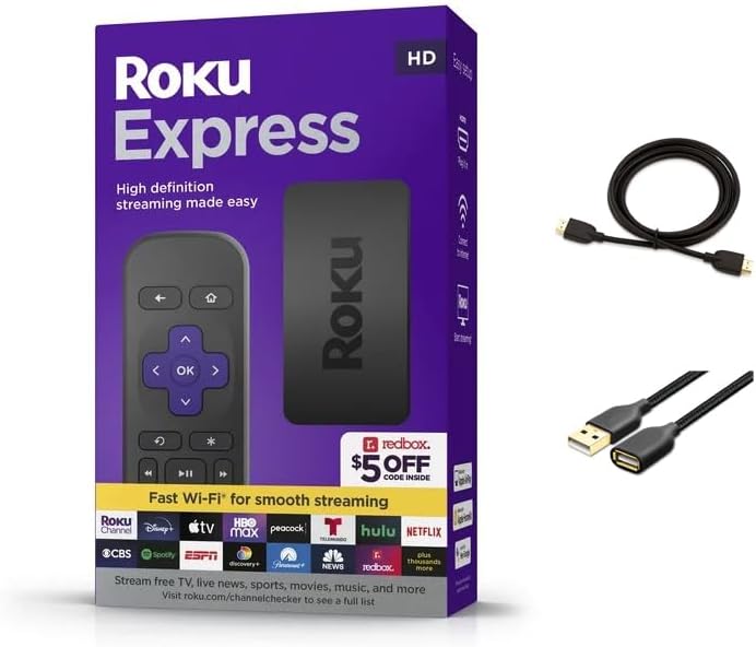 Roku Express (New) HD Streaming Device, with High-Speed HDMI Cable and Simple Remote (no TV Controls), Guided Setup, and Fast Wi-Fi, with MTC HDMI Cable and USB Extension Cord