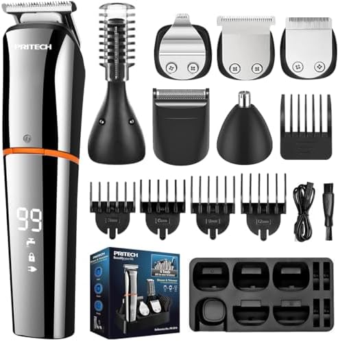 PRITECH Beard Trimmer for Men, 6 in 1 Beard Trimmer Kit, Electric Beard Trimmer with Hair, Precision, Body, Nose, Foil Razor, Grooming Kit Waterproof IPX6 (Silver)