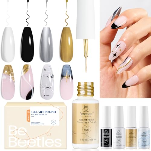 Beetles Gel Liner Nail Polish Set 10ml, 4 Pcs Nail Art Liner Gold Glitter Silver Black White Gel Polish Kit, 3D Mirror Gel Painted Glossy Swirl French Chrome Effect Nail Design Gift for Women