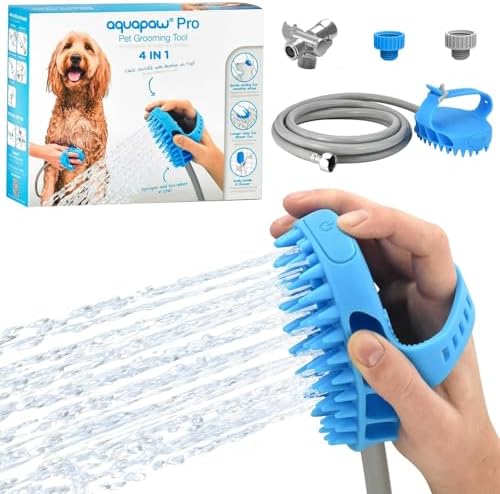 Aquapaw Pro Pet Bathing Tool – Large Sprayer and Scrubber in One – Works with Indoor Shower or Outdoor Garden Hose – for Large Dog and Cat Grooming – Hose and Shower Adapters Included & 8 Foot Hose