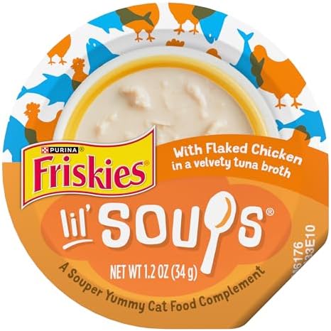 Purina Friskies Natural, Grain Free Wet Cat Food Lickable Cat Treats, Lil' Soups Flaked Chicken - (Pack of 8) 1.2 oz. Tubs