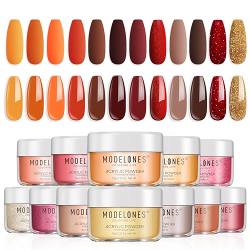 Modelones 12 Pcs Acrylic Powder Set Maple Leaf Collection Acrylic Nail Powder Gold Red Orange Brown Professional Nail Extension, Carving, French Kit Christmas Gifts for Women