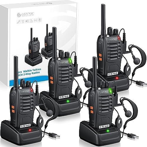 eSynic 4Pack Professional Walkie Talkies for Adults 5KM/3Miles Long Rang Walkie Talkies Best 16CH Walkie Talkies Rechargeable VOX Radio Walkie Talkies With Earpieces Wonderful Gifts For Adult Kids etc