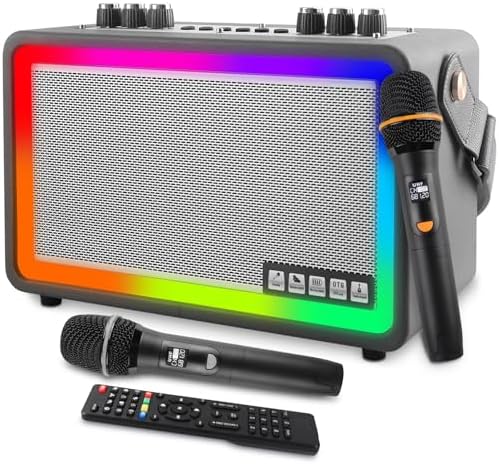 Karaoke Machine with 2 UHF Wireless Microphones, Portable Bluetooth Speaker for Adults and Kids, Rechargeable PA System for Home Party, AUX/USB/TF/OTG Support, Vintage Decor Gifts