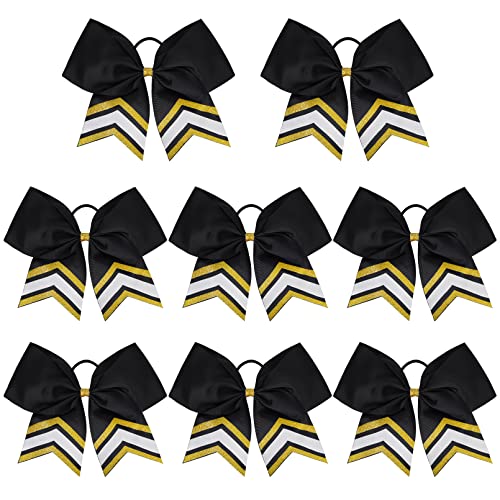 DEEKA 8PCS Large Glitter Cheer Bows Shiny 7" Cheer Hair Bows Ponytail Holder Handmade for Cheerleader Girls Softball Sports -Black/g Gold