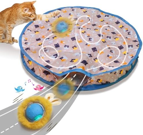 Interactive Cat Toys Ball Fast Rolling in Pouch, Motion Activate Chirping Cat Toy Hide and Seek Mouse Catching Game (Blue)