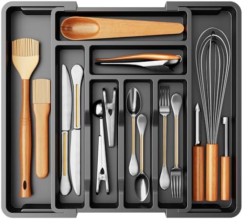 Pipishell Silverware Drawer Organizer, Expandable BPA-Free Kitchen Utensil Storage Tray for Forks, Spoons and Knives, Black Plastic Cutlery Holder