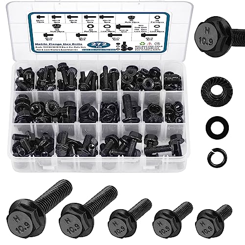 272Pcs Flange Hex Bolts and Nuts Kit,M6 Bolt,M8 x1.25 Bolts,M10-1.5, Metric Bolt Assortment,Alloy Steel Class 10.9 Black Zinc Plated,Full Coarse Thread (12mm to 30mm)