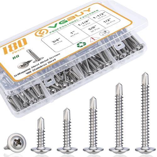 180pcs #8 Sheet Metal Screws Assortment Kit, 410 Stainless Steel Self Tapping Screws for Metal, Self Drilling Screws, 6 Sizes (1/2", 5/8", 3/4", 1", 1-1/4", 1-1/2") Modified Truss Head
