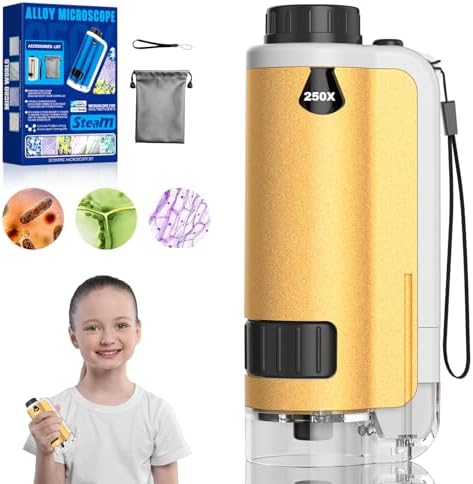 Portable Microscope for Kids, Handheld Mini Microscope 100x-250x Zoom with LED Lights, Alloy Pocket Microscope for Boys & Girls, Educational Science Kit (Gold)