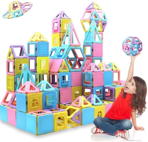 Magnetic Tiles Magnetic Blocks for 3 4 5 6 7+ Year Old Boys Girls Macaron Castle Magnetic Building Blocks for Toddlers 3-5, 4-8, Building Blocks for Kids Ages 3+ Birthday Gifts 124pcs