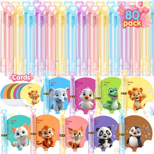 TOY Life 80 Pcs Bubbles Party Favors Valentines for Kids Classroom Mini Bubble Wands Bulk with Valentines Day Cards for Kids School Gift Exchange Birthday Valentines Goodie Bag Stuffer Fillers