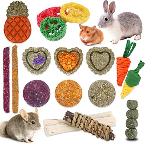 VESPRO Bunny Toys,21PCS Rabbit Toys for Bunnies Rabbit Chew Toys for Teeth Guinea Pig Toys Natural Chew Treats Toys,Timothy Hay Sticks for Chinchillas Hamsters Rats,Small Animals Teeth Grinding