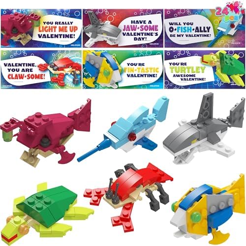 JOYIN 24 Packs Valentines Day Cards with Sea Animal Building Blocks for Gifts Party Favor, Classroom Exchange Prize, Valentine’s Greeting Cards