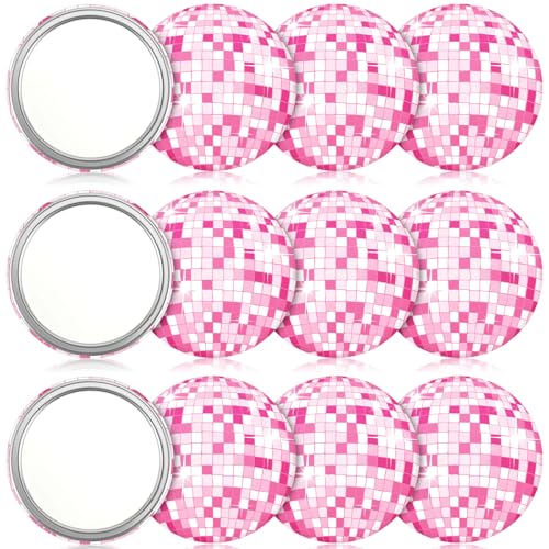 Qunclay 12 Pcs Disco Ball Compact Mirror 2.76 Inch Vintage Round Pocket Mirror Makeup Mini Mirror Handheld Portable Mirror for Purse, Women Gift Disco Party Supply Travel Daily (Pink)