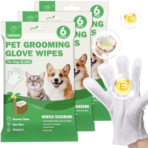 Vannon Extra Thick Pet Bathing Wipes for Dogs & Cats, Cleaning & Odor-Controlling Grooming Gloves, Nourish Fur Glove Wipes for Daily Care and Traveling, Rinse Free, Coconut Scent, 3 Pack, 18 PCS