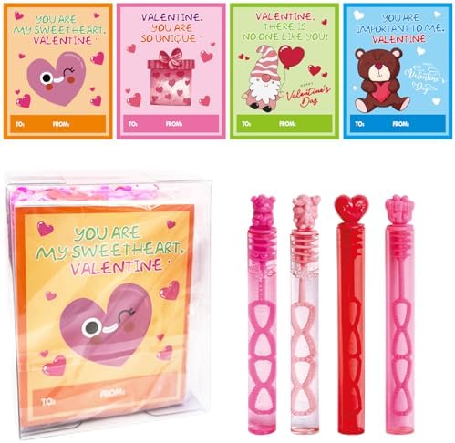 28 Pack Cards for Kids, 4 Different Designs Cute Bubble Wands with Valentines Gift Cards for Boys Girl School Classroom Exchange Prize, Fun Valentines Party Favors Toys