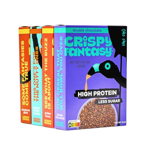 Crispy Fantasy High Protein Cereal, Variety Pack, Gluten Free, Vegan, Low Sugar, Protein Snacks, High Fibre, Plant Based, Just Add Milk, Healthy Breakfast for Kids & Adults, 28g Protein, (4 Boxes x 9 Oz)