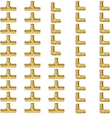 SUNGATOR 1/2 inch Pex Fittings, 50-Pack Brass Crimp Fittings, 90 Degree Elbow (25 PCS) + Tee (25 PCS) Kit, No Lead Pipe Connector