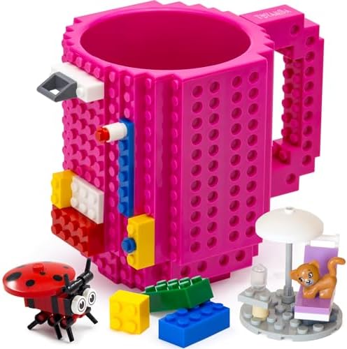 Build-on Brick Mug BPA-Free Funny Coffee Mug with 3 Packs of Building Bricks, Funny Cups for Kids - Creative Building Block Mug DIY Idea 16OZ (Magenta)