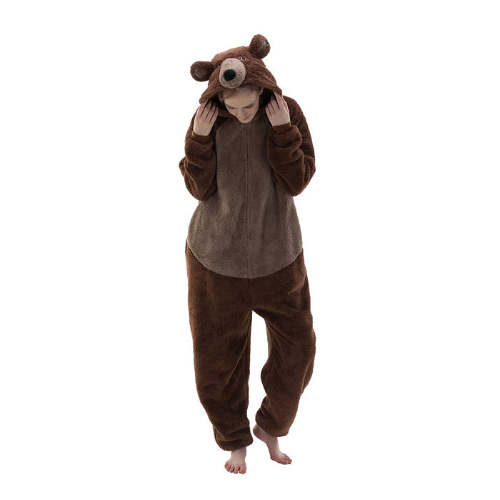 COSUSKET Fitted Unisex Adult Bear Onesie Pajamas, Halloween Sherpa Women's Cosplay Animal One Piece Costume Brown