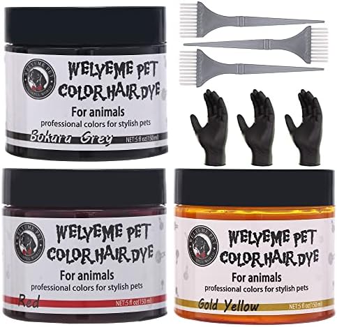 Dog Hair Dye Set, Permanent Pet Hair Dye - 3 Dog Hair Color Brushes & Gloves, Non-Toxic Safe Dog Hair Dye kit (Yellow Black Red)
