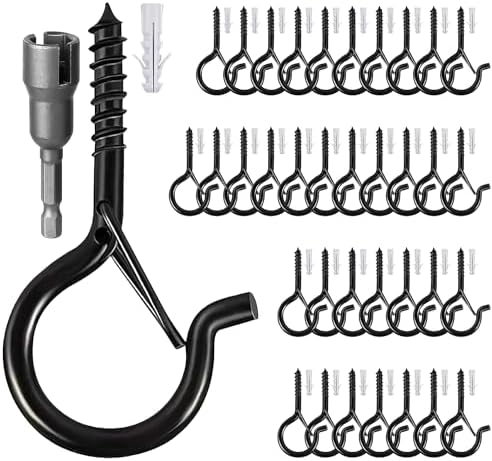 36 Pcs Q Hanger Hooks with Safety Buckle & Drill Bit,Ceiling Hooks for Hanging Plants,Screw Hooks for Hanging Outdoor String Lights,Wind Chimes,Lights & Party Decors,2.2 Inches,Black