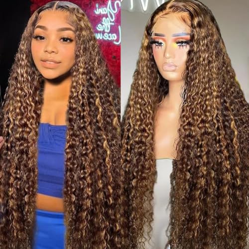 32inch Highlight Curly Lace Front Wigs Human Hair 13x6 Ombre Deep Wave Lace Front Wig Human Hair Pre Plucked P4/27 210% Density HD Lace Frontal Curly Human Hair Wig for Women