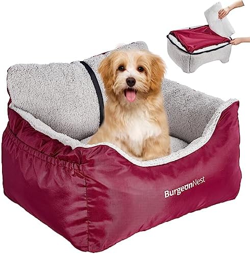 BurgeonNest Dog Car Seat for Small Dogs, Fully Detachable and Washable Cat Carseats Under 25 lbs, Soft Pet Booster Seats with Storage Pockets Clip-On Leash Portable Travel Carrier Bed, Red