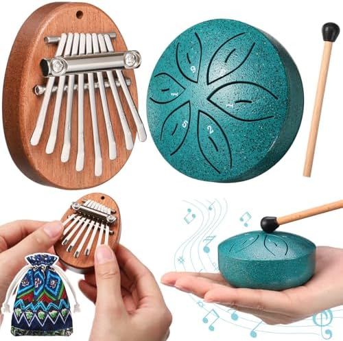 2 Pcs Mini Musical Instruments Mini Kalimba and Rain Drum with Drumstick 8 Keys Finger Thumb Piano and 6 Notes Steel Drum for Valentine's Gift Adult Beginners(Dark Green)