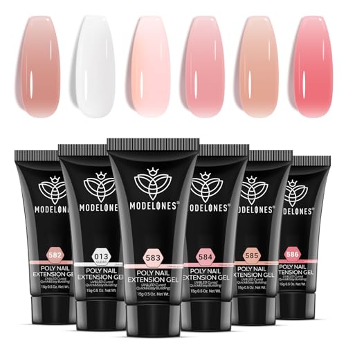 modelones Poly Nail Gel Set, 6 Colors Jelly Nude Pink Poly Extension Gel Transparent Nail Enhancement Set Sheer Builder Nail Gel DIY Manicure Design Nail Art Kit Home Salon Beauty Gift