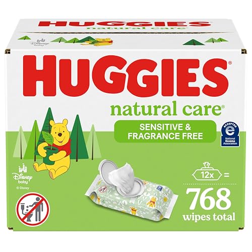 Huggies Natural Care Sensitive Baby Wipes, Unscented, Hypoallergenic, 99% Purified Water, 12 Flip-Top Packs (768 Wipes Total), Packaging May Vary