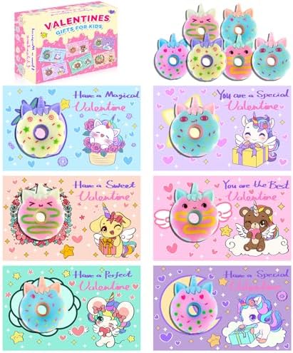 30 Pack Valentines Unicorn Donut Erasers with Cards, Valentines Day Cards for Kids School, Valentines Day Gifts for Kids, Kids Valentines Day Dards, School Classroom Exchange Prizes for Boys Girls