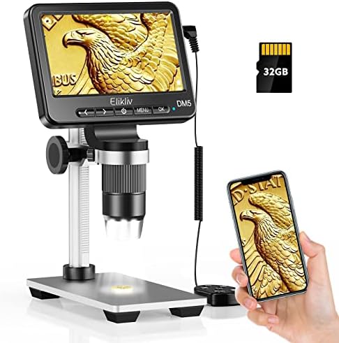 Elikliv EDM5 Coin Microscope, 5'' LCD Digital Microscope 1000X, 1080P Video Microscope with Metal Stand, 8 LED Lights, Compatible with iPhone Android iPad MAC Windows