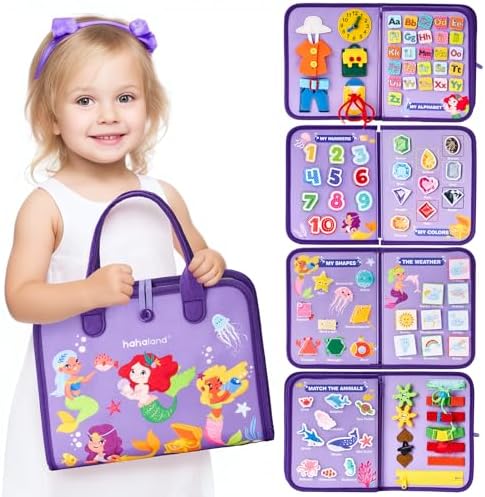 hahaland Busy Board Montessori Toys - 3 Year Old Girl Gifts Bithday Gift Ideas - 7 in 1 Preschool Learning Activities - Christmas Toddler Stocking Stuffers Gifts