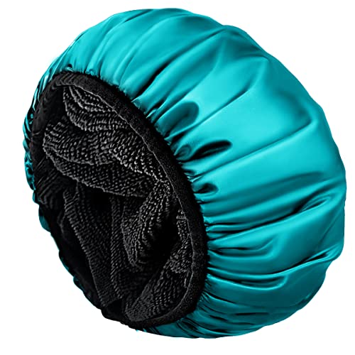Aquior Shower Cap,Extra Large Triple Layer Bathing Cap with Dry Hair Function for Women Microfiber Terry Cloth Silky Satin 100% Waterproof Reusable Long Hair Bath Caps (Green)