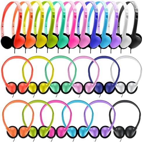 Classroom Headphones Bulk 24 Pack for Kids Children,On Ear Multi Color Varieties Comfy Swivel Earphones for Students,School,Library,Online Learning and Travel, HQ Clear Stereo Sound 3.5mm Jack