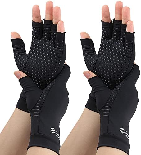 2 Pairs Compression Gloves for Women and Men, Fingerless Copper Arthritis Gloves for Rheumatoid Arthritis Osteoarthritis Carpal Tunnel, Hand Pain Relief and Support, Open Finger (Black, X-Large)