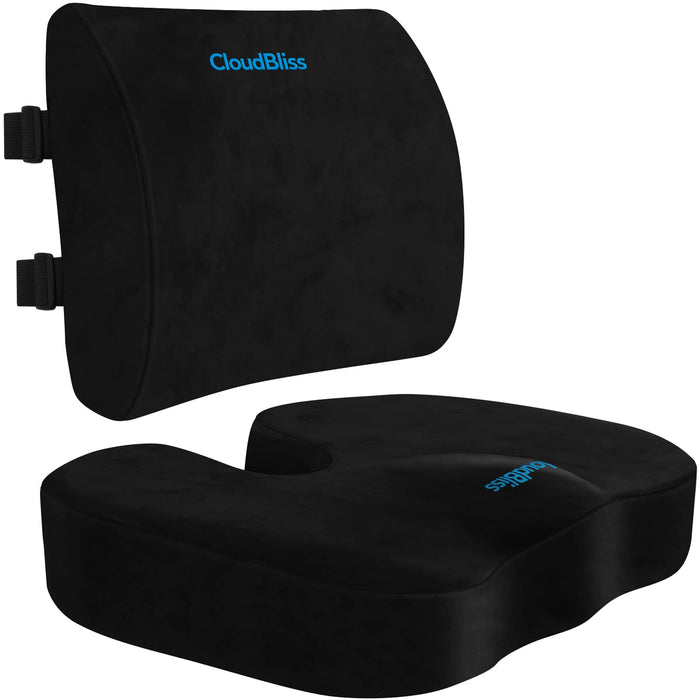 CloudBliss Seat Cushion,Office Chair Cushion,Car Seat Cushions,Lumbar Support Pillow for Office Chair,Back Support Memory Foam Pillow Coccyx Cushions for Tailbone Pain,Sciatica Back Pain Relief Black