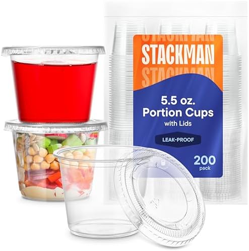 (200 Sets - 5.5 oz.) Plastic Cups, Clear Portion Snack, Yogurt, Parfait Cups, Pudding Cups, Souffle Cups, Dessert Cups, Disposable Containers with Lids 5.5oz.