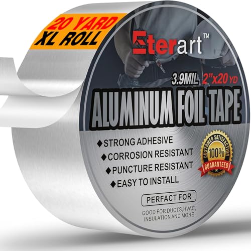 Aluminum Foil Duct Tape Heavy Duty,High Temperature Sealing and Patching,Perfect for HVAC,Air Ducts,Metal Repair,Foamboard,Insulation,Dryer Vent and More,2 Inches x 20 Yards,Silver