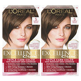 L'Oreal Paris Excellence Creme Permanent Hair Color, 5 Medium Brown, 100 percent Gray Coverage Hair Dye, Pack of 2