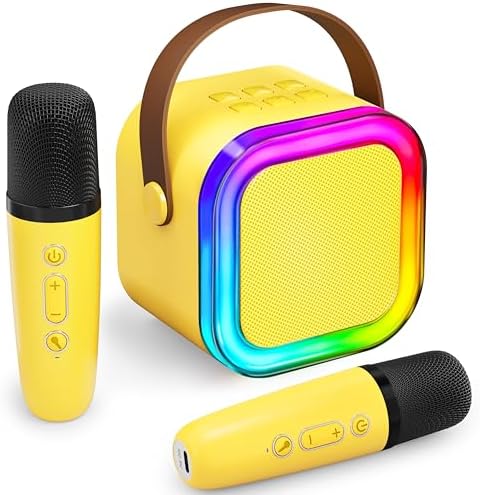 Mini Karaoke Machine for Kids, Galentines Birthday Gifts for Girls Boys Toy 4, 5, 6, 7, 8, 9, 10, 12+, Portable Bluetooth Speaker with 2 Wireless Mics, Karafun Premium Songs for All Ages(Yellow)