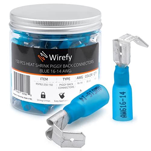 Wirefy 150 PCS Heat Shrink Piggyback Spade Connectors - 3 Way Wire Connectors - Double Spade Connectors - Quick Disconnect Piggyback Terminals - Blue 16-14 AWG