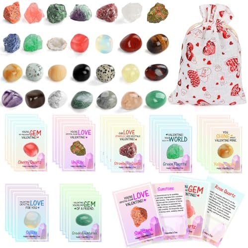 Valentines Day Gifts for Kids - 28 Pack Valentine Day Exchange Cards & Natural Gemstone Crystals Rocks Minerals Bulk,Valentines Day Cards for Boys Girls Classroom Party Favors